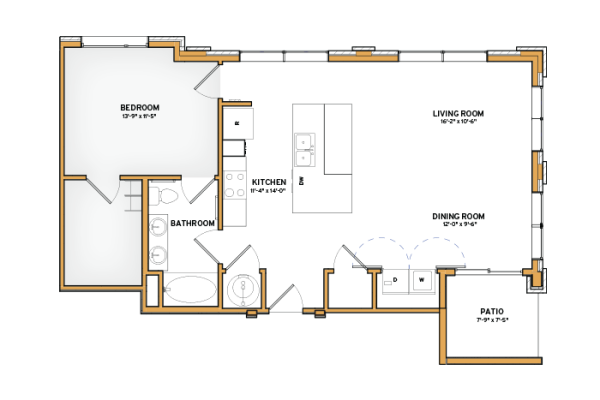 Floor plan for 1 bed, 1 bath, 885 sqft